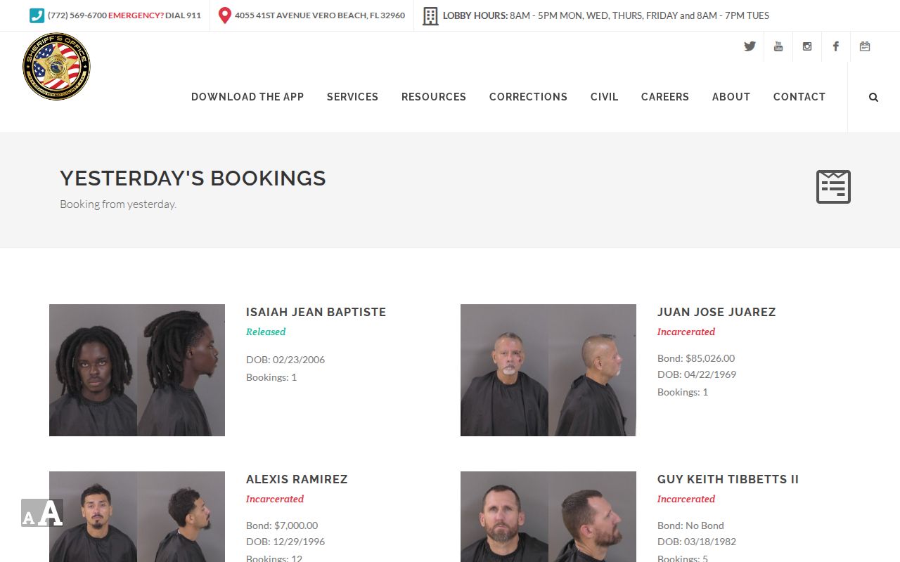 Indian River County Sheriff's Office Yesterday's Booking page