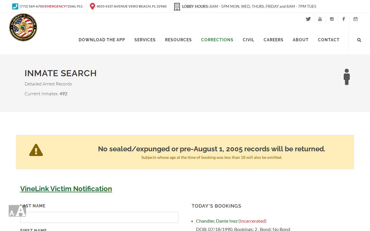 Indian River County Sheriff official inmate search fields