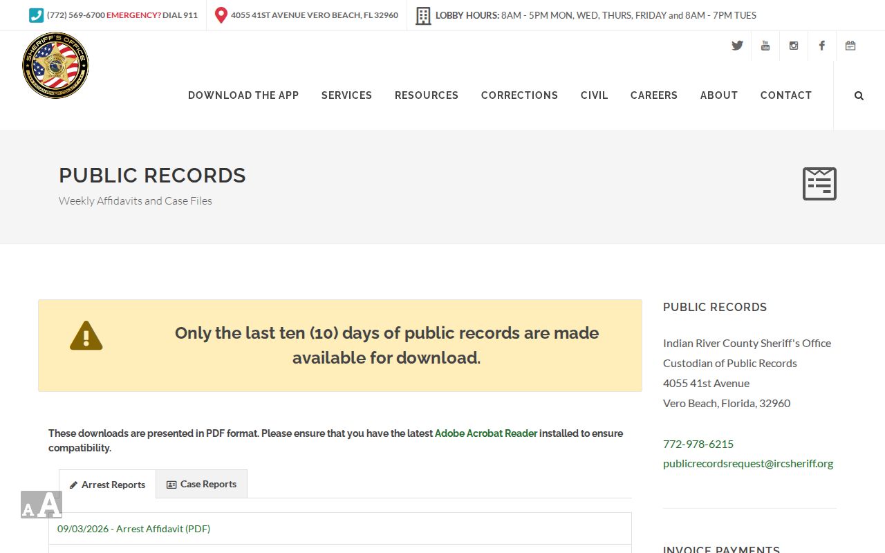 Indian River County public records ten-day affidavit and case-file list