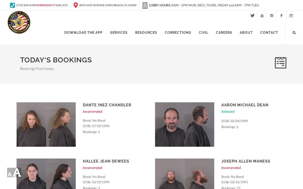 Indian River County Sheriff's Office Today's Bookings interface