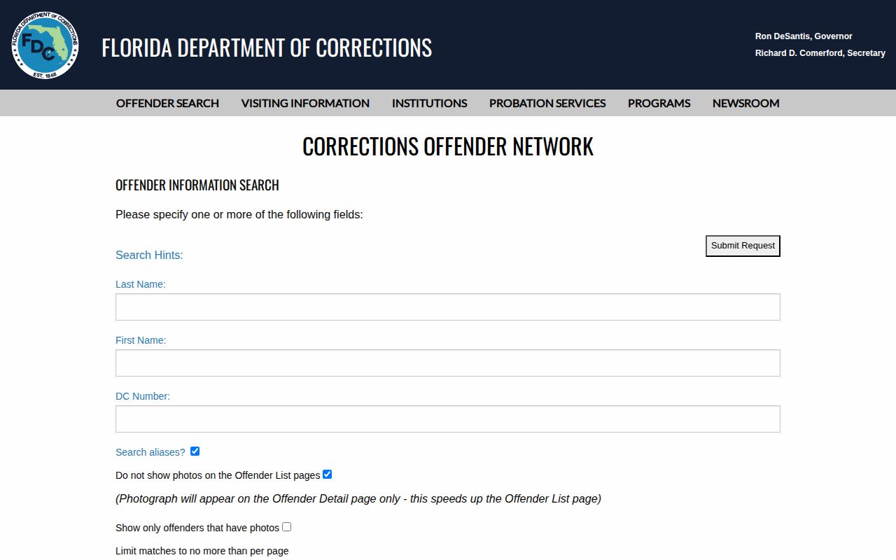Florida Department of Corrections offender search interface