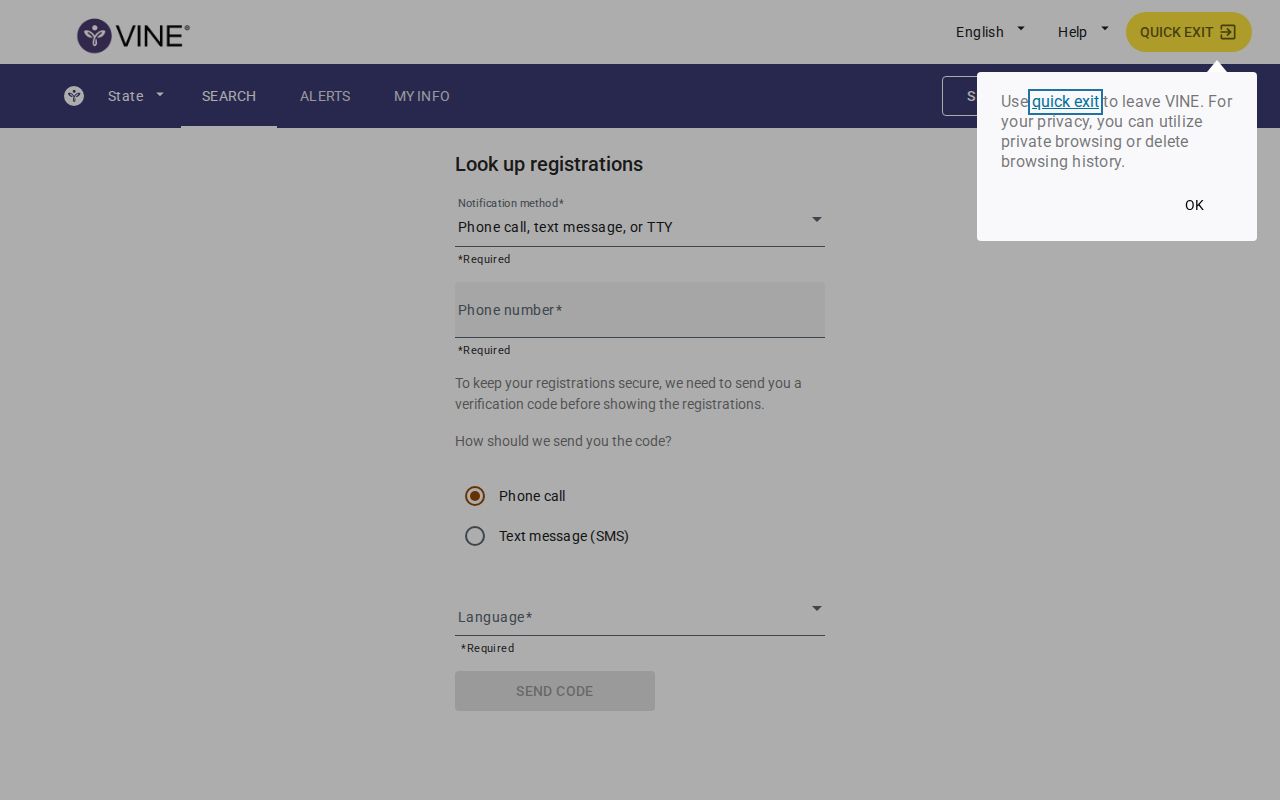VINELink custody alert registration interface